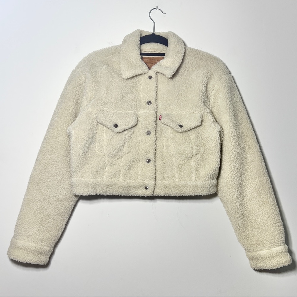 Levis off white cream faux shearling crop trucker teddy jacket